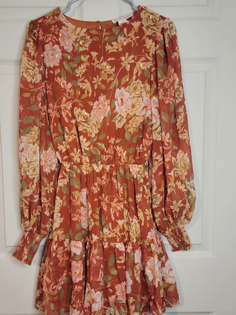 Floral Long Sleeve Tiered Mini Dress - Rust Floral